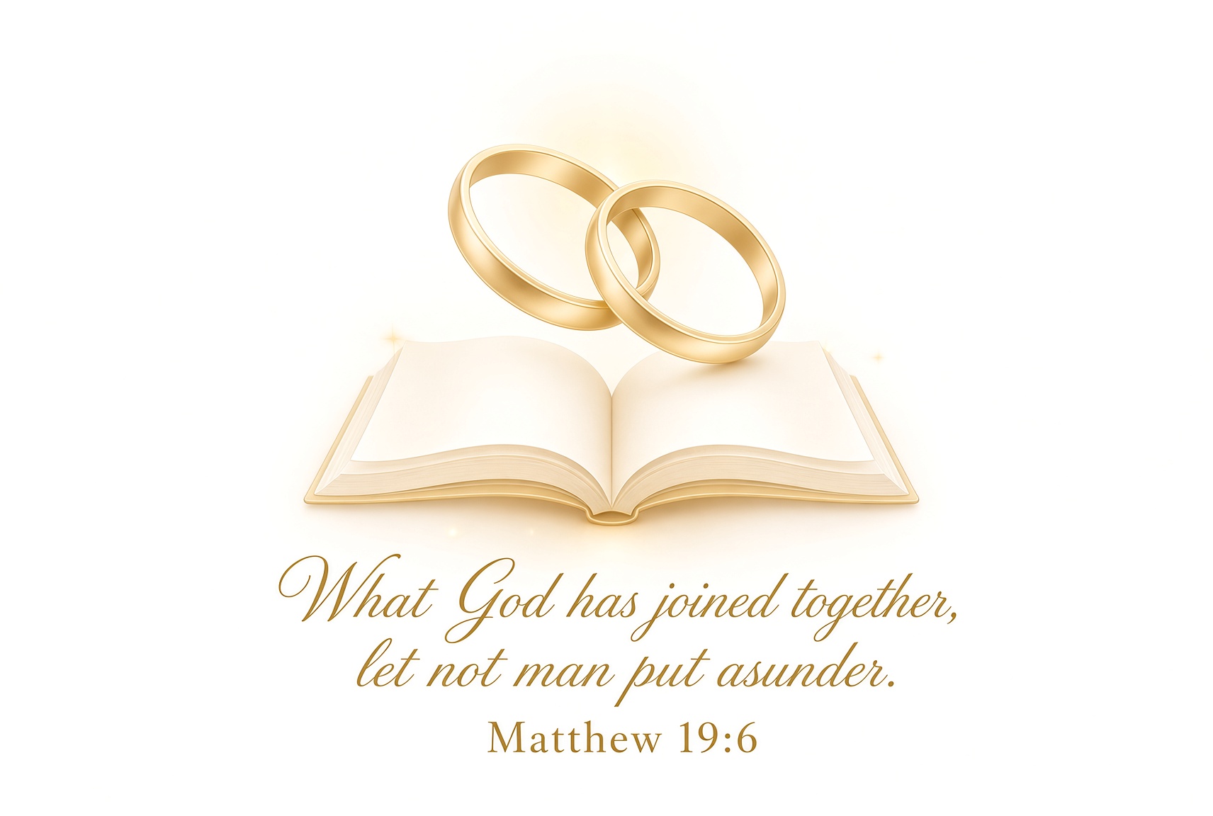 Two gold wedding rings over an open Bible with the verse: What God has joined together, let not man put asunder. Matthew 19:6